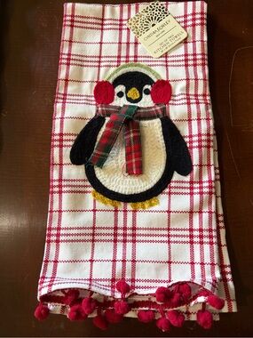 Cynthia Rowley Red and White Plaid Penguin Kitchen Towel with Pom-Pom Trim